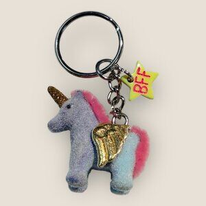 Flocked Unicorn Keychain Keyring with BFF Star Charm Purple Ombre